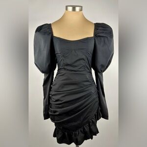 PrettyLittleThing Women’s Ruched Wrap Dress Black Victorian Puff Sleeves Size 4